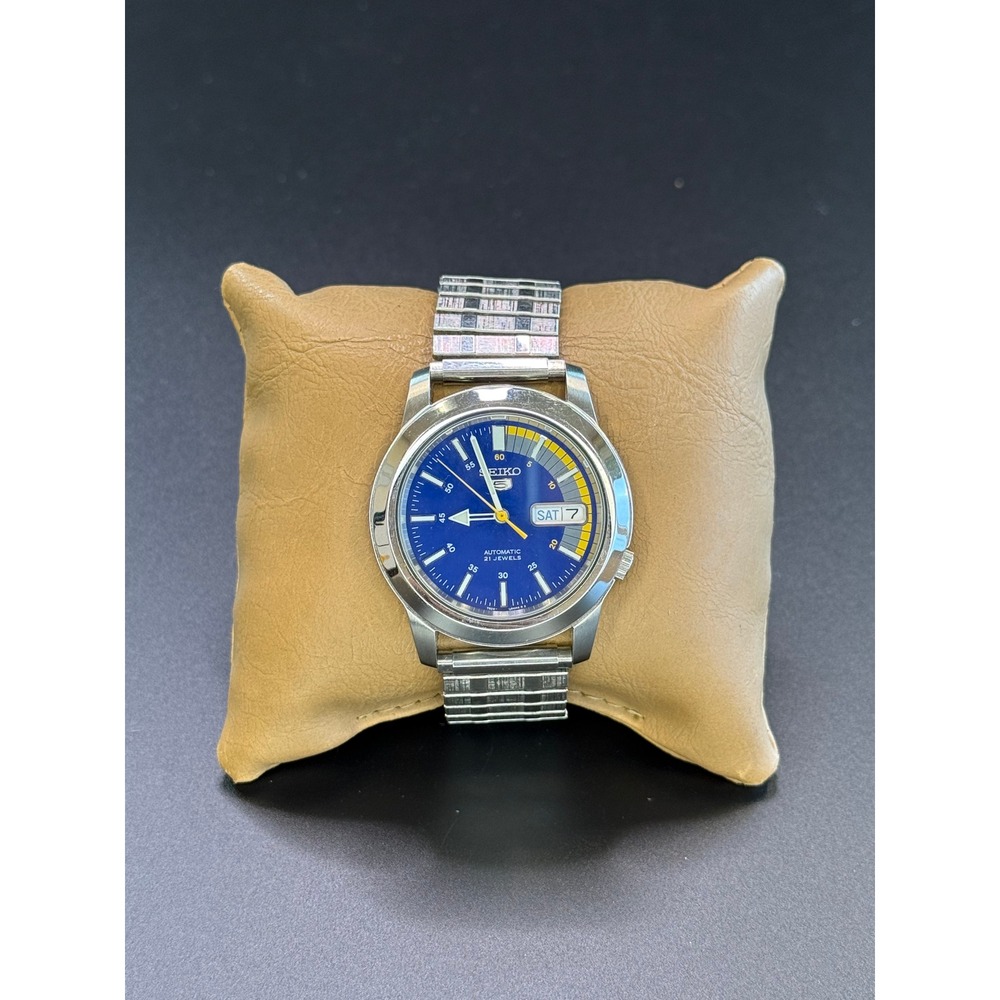 Seiko 5 Automatic Watch Mens Blue Silver Good 7S26C 21 Jewels Exhibition Back